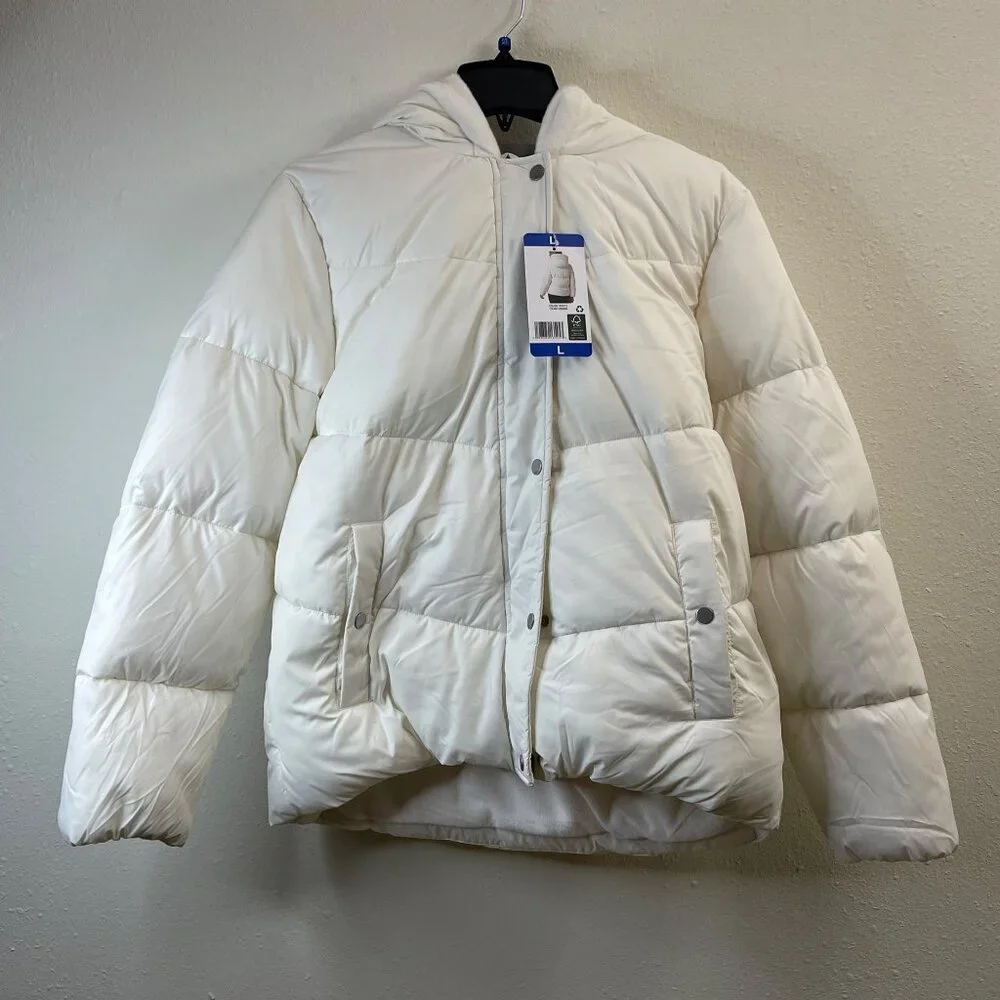 32 Degrees Heat Womens White Hooded Puffer Jacket L With Snap Closures & Pockets - Picture 2 of 11